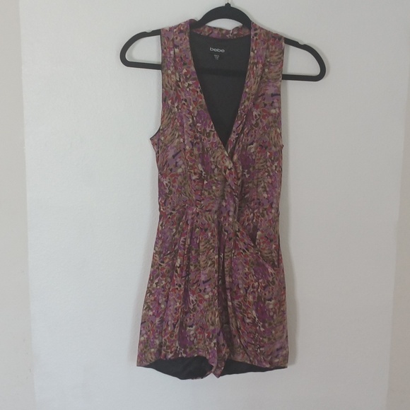 Y2K Bebe Womens Romper Jumper Sz XXS Pink Multi 100% Silk Watercolor One Piece - Picture 2 of 9